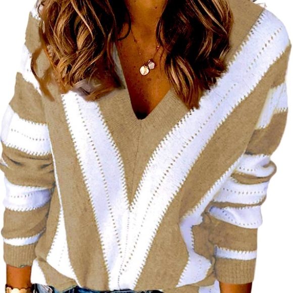 Stylish V-Neck Tan and White Sweater, NWOT, size large - Picture 1 of 7